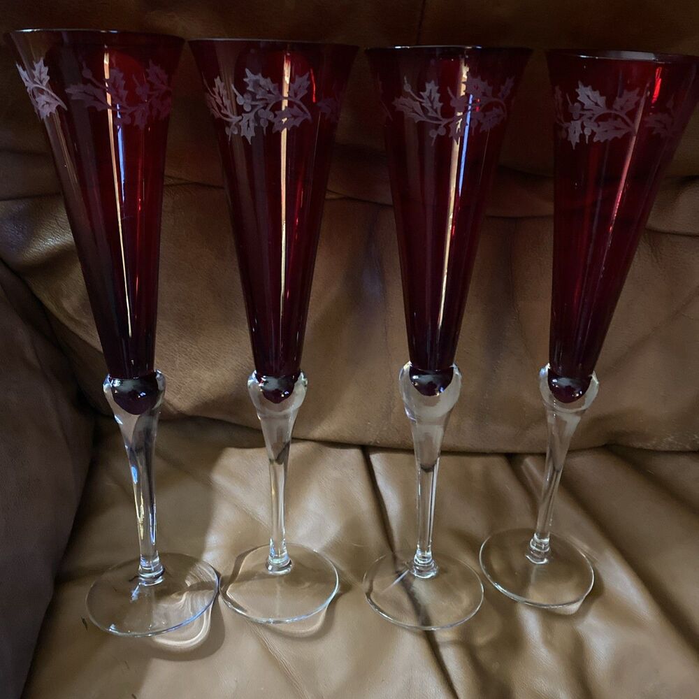 RETIRED Lenox Holiday Gems Ruby Etched All Champagne Flutes Glasses 11"